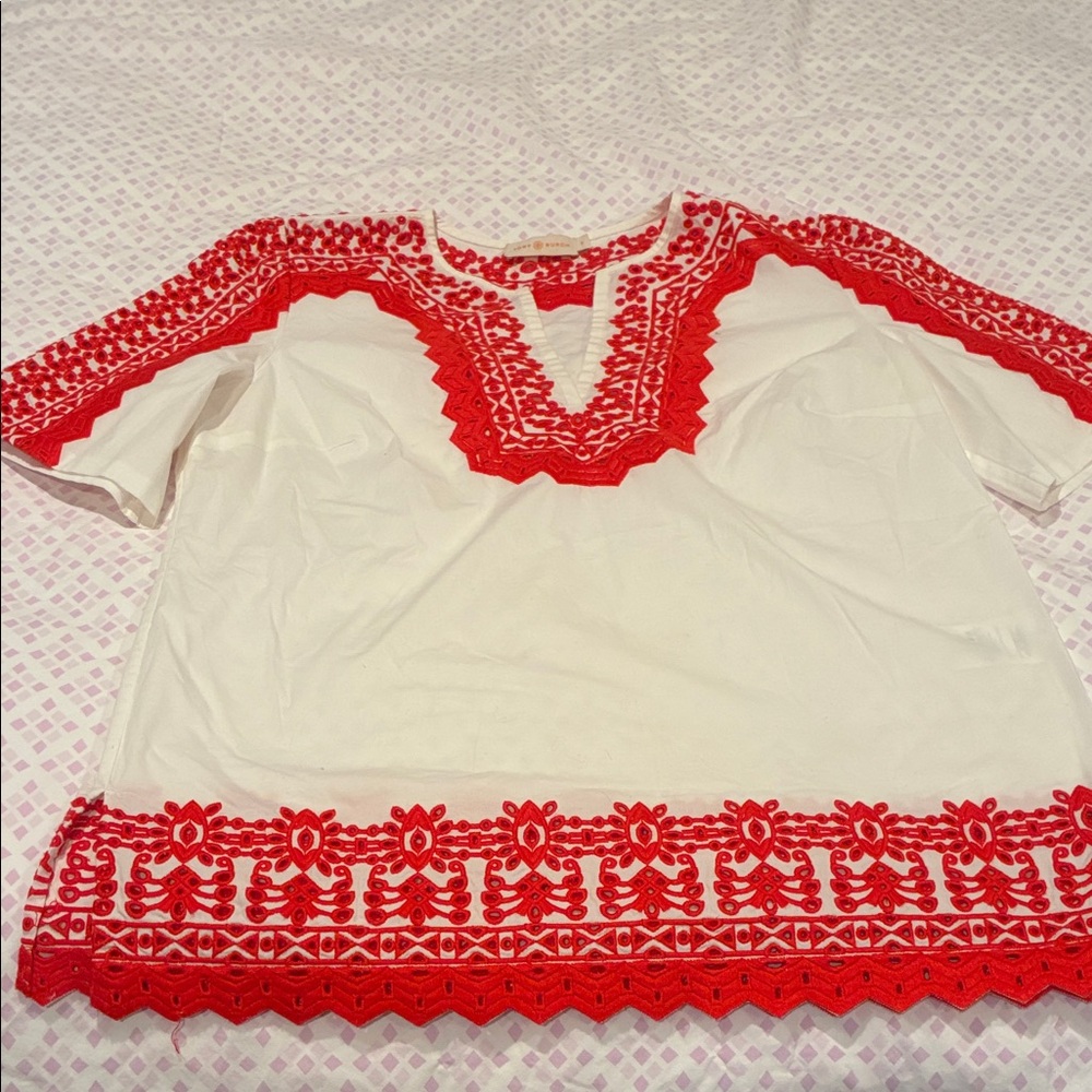 Tory Burch Red and White Embroidered Blouse